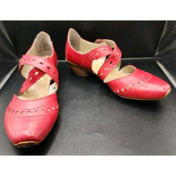 Rieker Womens Red Leather Mirjam Heels US 7 Mary Jane Shoes Antistress - Picture 1 of 9